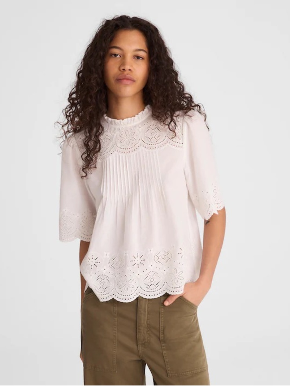 NWT! Madewell - Embroidered Pintuck High-Neck Top - White - Size Medium